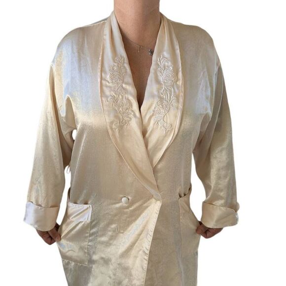 Vintage 80s Victoria's Secret Satin Maxi Robe Embroidered Collar V Neck Size S - Picture 4 of 8